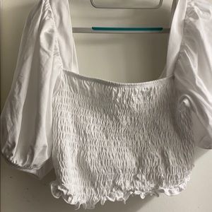 White puff sleeve smocked crop top